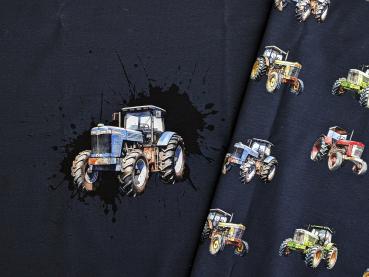 Eigenproduktion Baumwolljersey Panel Traktoren auf Nachtblau 65x160 cm