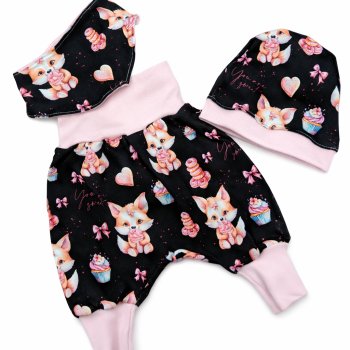 Preview: Baby Set Fuchs Mädchen – Pumphose, Mütze und Schal aus Baumwolle Gr. 50 -92