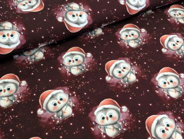 Eigenproduktion French Terry Weihnachts Eule auf Dunkelrot