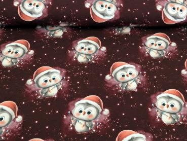 Preview: Eigenproduktion French Terry Weihnachts Eule auf Dunkelrot