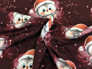 Preview: Eigenproduktion French Terry Weihnachts Eule auf Dunkelrot