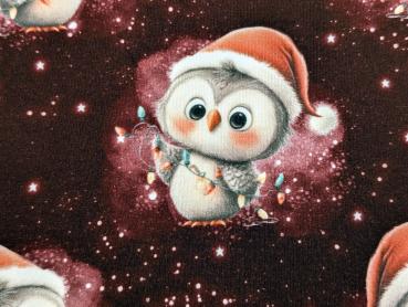 Eigenproduktion French Terry Weihnachts Eule auf Dunkelrot