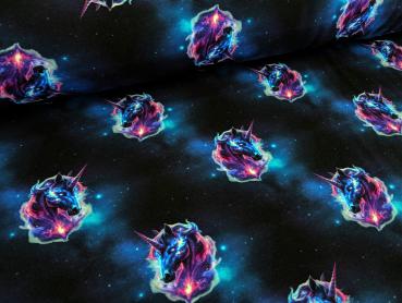 Eigenproduktion French Terry Fantasy Unicorn in Galaxy auf Nachtblau