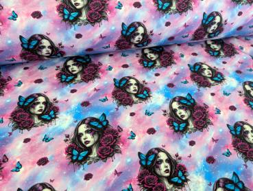 Eigenproduktion French Terry Blumen Frau mit Schmetterling Lila/Rosa