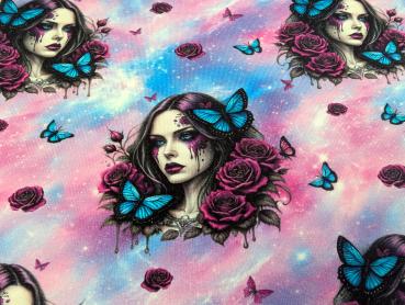 Preview: Eigenproduktion French Terry Blumen Frau mit Schmetterling Lila/Rosa