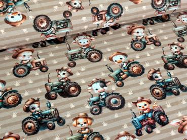 Eigenproduktion Baumwolljersey Tierfarm mit Trecker auf Beige