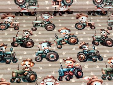 Preview: Eigenproduktion Baumwolljersey Tierfarm mit Trecker auf Beige