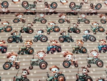 Preview: Eigenproduktion Baumwolljersey Tierfarm mit Trecker auf Beige