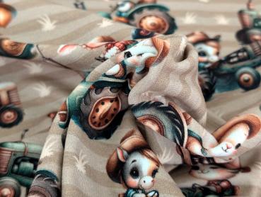 Eigenproduktion Baumwolljersey Tierfarm mit Trecker auf Beige