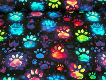 Eigenproduktion Baumwolljersey Neon Pfötchen auf Schwarz