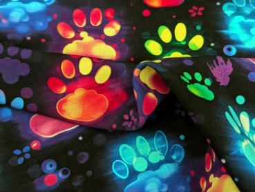 Eigenproduktion Baumwolljersey Neon Pfötchen auf Schwarz
