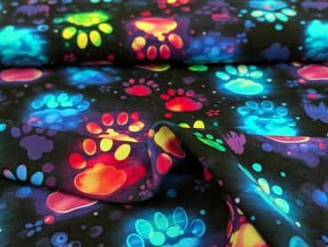 Eigenproduktion Baumwolljersey Neon Pfötchen auf Schwarz