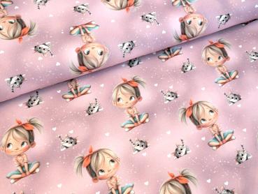 Eigenproduktion Baumwolljersey Happy Girl mit Katze auf Rosa