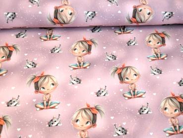 Preview: Eigenproduktion Baumwolljersey Happy Girl mit Katze auf Rosa