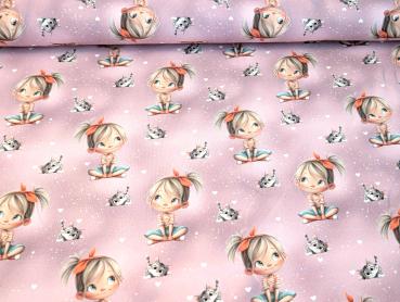 Preview: Eigenproduktion Baumwolljersey Happy Girl mit Katze auf Rosa