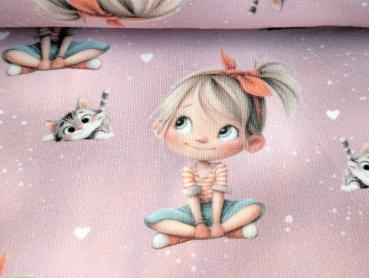 Eigenproduktion Baumwolljersey Happy Girl mit Katze auf Rosa