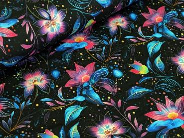 Eigenproduktion Bio Baumwolljersey Fluoreszierender Blütenzauber auf Schwarz Stoff Meterware Kleiderstoff