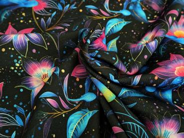 Preview: Eigenproduktion Bio Baumwolljersey Fluoreszierender Blütenzauber auf Schwarz Stoff Meterware Kleiderstoff