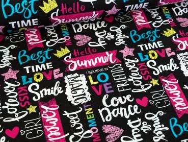 Eigenproduktion Baumwolljersey Magic Girl Summer auf Schwarz