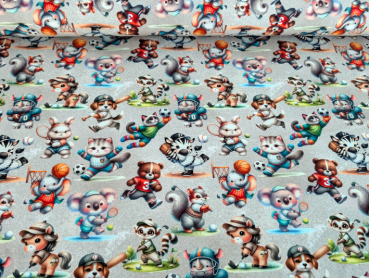 Preview: Baumwolljersey Tiere Sport auf Hellgrau