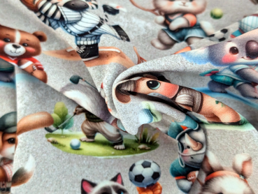 Preview: Baumwolljersey Tiere Sport auf Hellgrau
