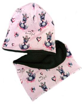 Preview: Beanie und Loop Set Prinzessin Schwan auf Hellrosa Gr. S-XL