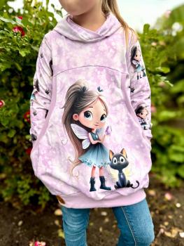 Preview: Eigenproduktion Baumwolljersey Panel Diamond Girl Cat auf Rosa / Flieder 75 x 165 cm