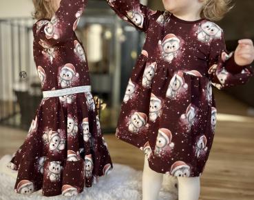 Preview: Eigenproduktion French Terry Weihnachts Eule auf Dunkelrot