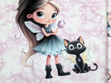 Preview: Eigenproduktion Baumwolljersey Panel Diamond Girl Cat auf Rosa / Flieder 75 x 165 cm