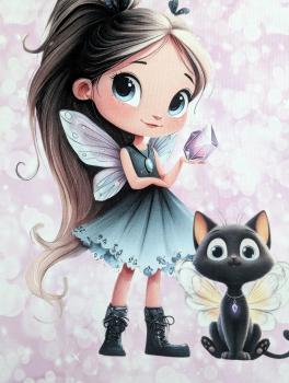 Preview: Eigenproduktion Baumwolljersey Panel Diamond Girl Cat auf Rosa / Flieder 75 x 165 cm