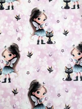 Eigenproduktion Baumwolljersey Panel Diamond Girl Cat auf Rosa / Flieder 75 x 165 cm