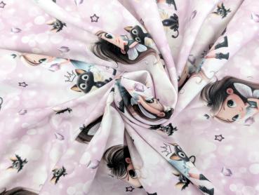 Eigenproduktion Baumwolljersey Panel Diamond Girl Cat auf Rosa / Flieder 75 x 165 cm