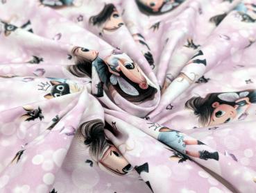 Eigenproduktion Baumwolljersey Panel Diamond Girl Cat auf Rosa / Flieder 75 x 165 cm