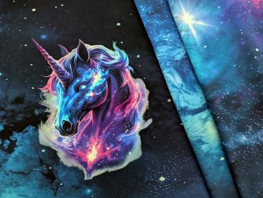 Eigenproduktion French Terry Panel Fantasy Unicorn in Galaxy auf Nachtblau 75 x 165 cm