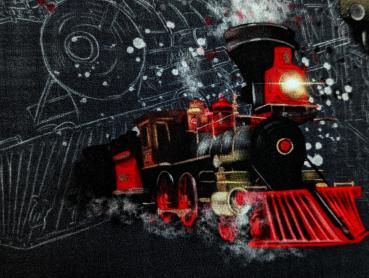 Eigenproduktion Baumwolljersey Panel Eisenbahn Lok auf Grau 65 x 165 cm