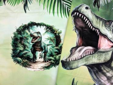 Preview: Eigenproduktion Baumwolljersey Panel Dino Rex Palmen 80 x 165 cm