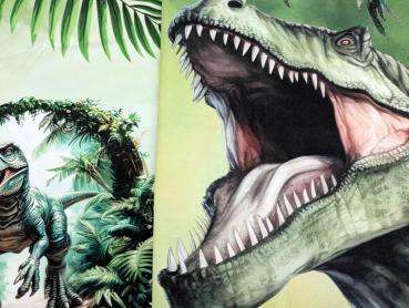 Preview: Eigenproduktion Baumwolljersey Panel Dino Rex Palmen 80 x 165 cm