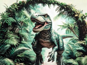 Eigenproduktion Baumwolljersey Panel Dino Rex Palmen 80 x 165 cm