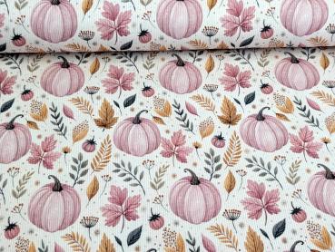 Preview: Eigenproduktion Rib Jersey Autum Kürbisse auf Hellrosa / Cremeweiß