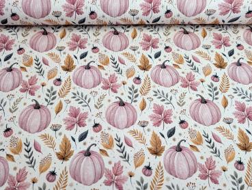 Preview: Eigenproduktion Rib Jersey Autum Kürbisse auf Hellrosa / Cremeweiß