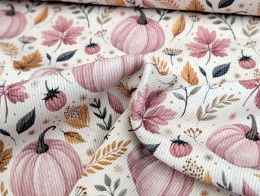 Preview: Eigenproduktion Rib Jersey Autum Kürbisse auf Hellrosa / Cremeweiß
