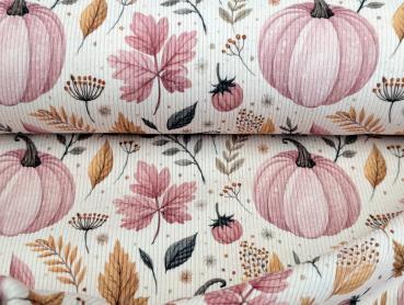 Eigenproduktion Rib Jersey Autum Kürbisse auf Hellrosa / Cremeweiß