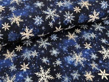 Reststück Eigenproduktion Rib Jersey Schneeflocken auf Blau 37 x VB