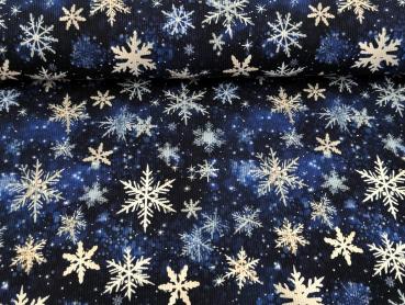Preview: Reststück Eigenproduktion Rib Jersey Schneeflocken auf Blau 37 x VB
