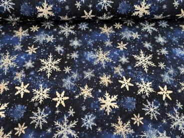 Preview: Reststück Eigenproduktion Rib Jersey Schneeflocken auf Blau 37 x VB