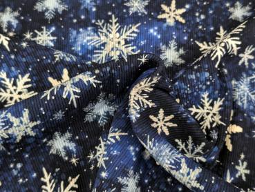 Preview: Reststück Eigenproduktion Rib Jersey Schneeflocken auf Blau 37 x VB