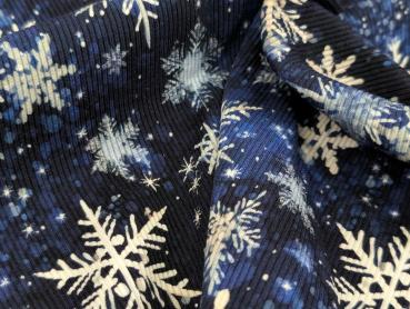 Reststück Eigenproduktion Rib Jersey Schneeflocken auf Blau 37 x VB