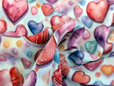 Eigenproduktion Rib Jersey Bunte Herze auf Weiß