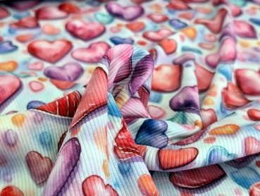 Eigenproduktion Rib Jersey Bunte Herze auf Weiß
