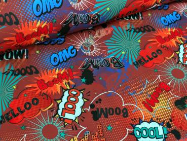 Softshell Digitaldruck Comic Baam Cool WoW Yess Bunt auf Dunkelrot